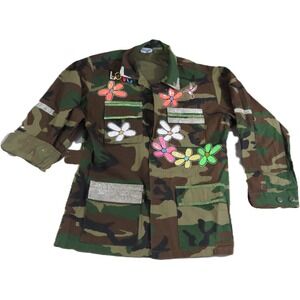 Vanguard Camo Field Jacket Women M Tiger Flower Sequin Patch Love Boho Festival